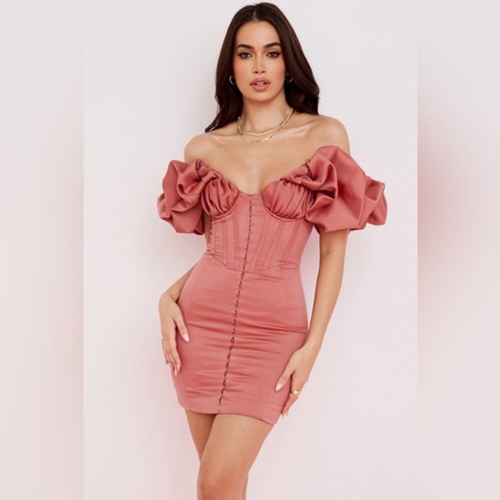 NWT House of CB Annabelle Rose Pink Satin Ruffle Strapless Mini Dress Size M - Picture 7 of 11